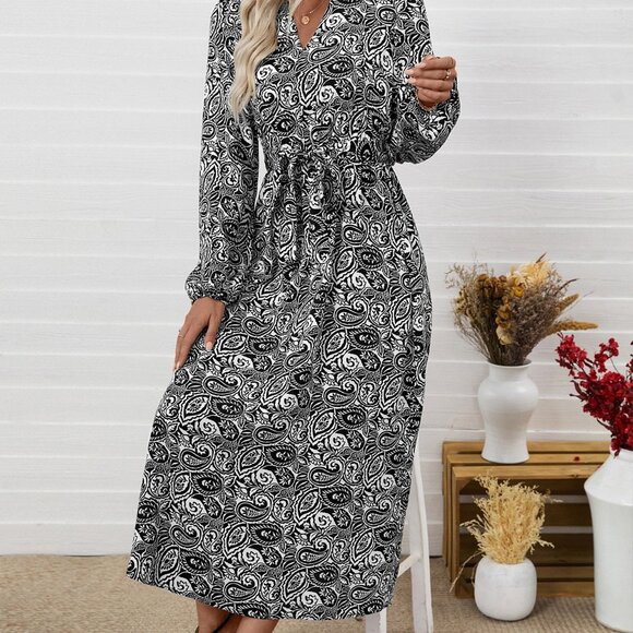2/$40 Black & White Boho Paisley V-Neck Midi Dress Long Sleeve Belt Tie Waist XL - Picture 8 of 12